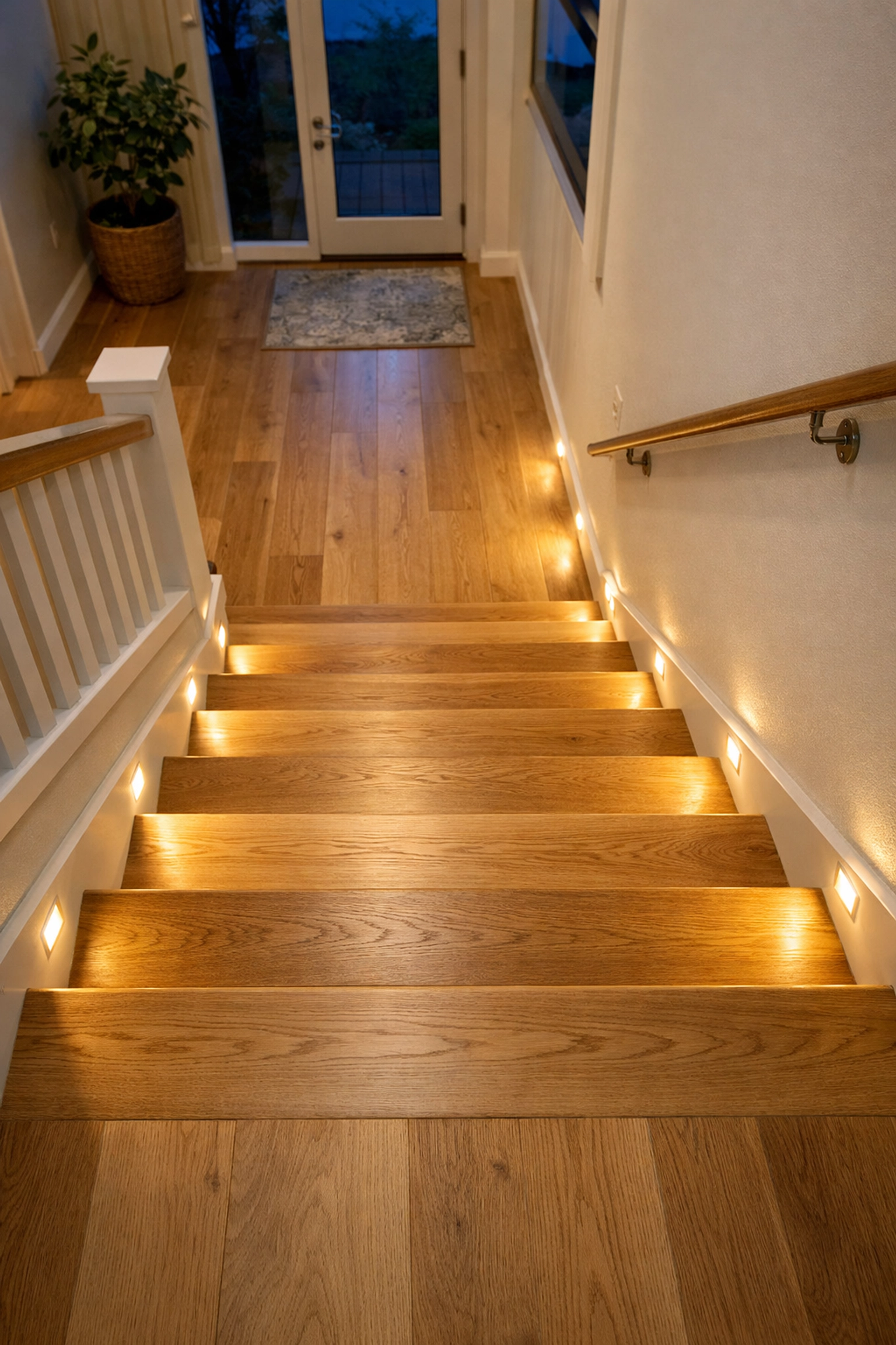 Safety lighting on wooden stairs with motion-sensor LED lights to eliminate shadows and prevent falls.