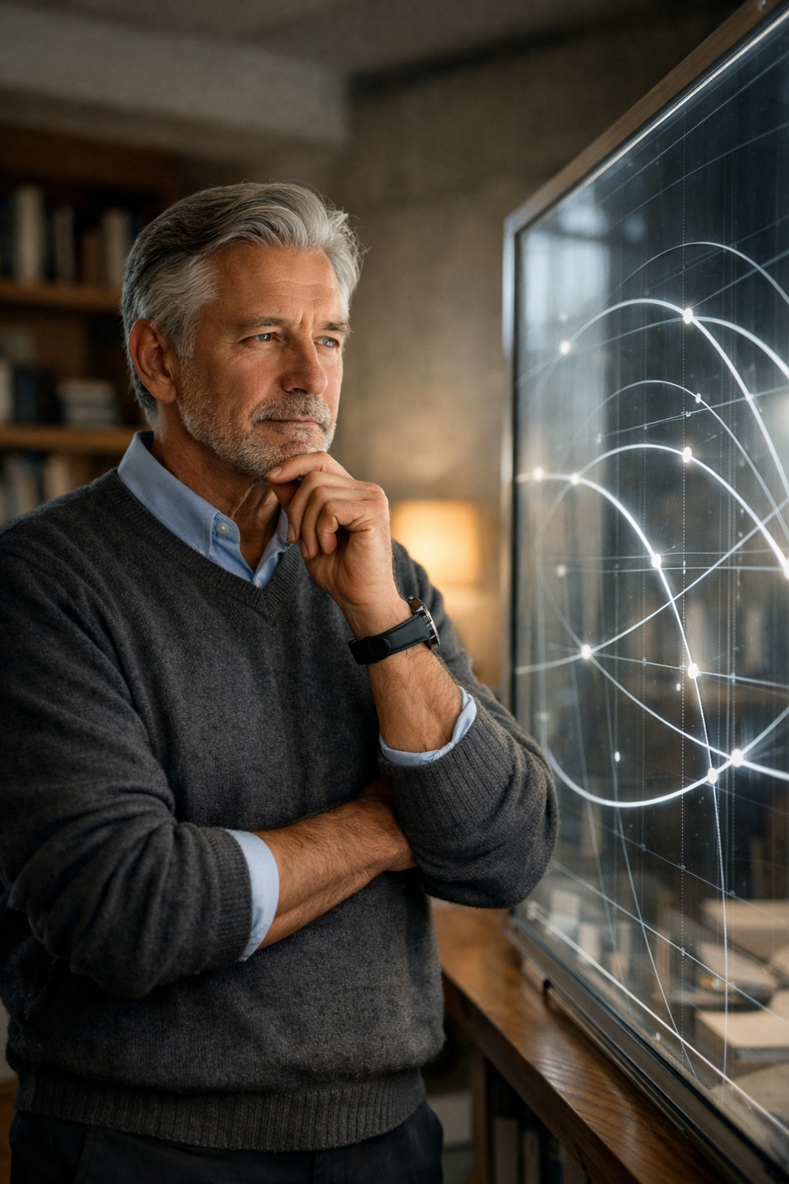 Retirement architect analyzing volatility recovery and sequence of returns risk on a glass drafting board.