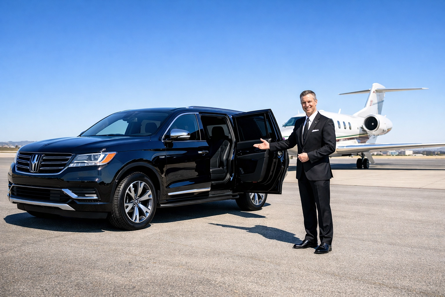 Brand Visibility Matters: How Premium Travel Enhances Your Sports Marketing Strategy Professional chauffeur and luxury SUV at a private jet terminal for premium corporate sports travel.