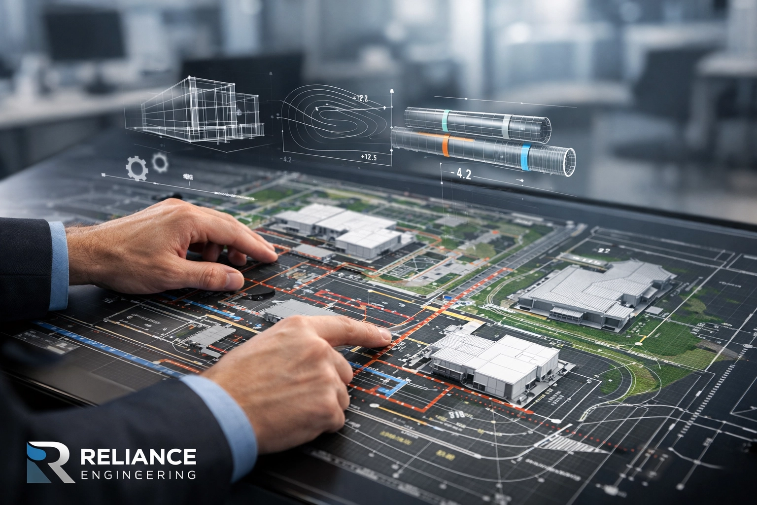 Civil engineer coordinating site plan approval details for building footprints and underground utilities.