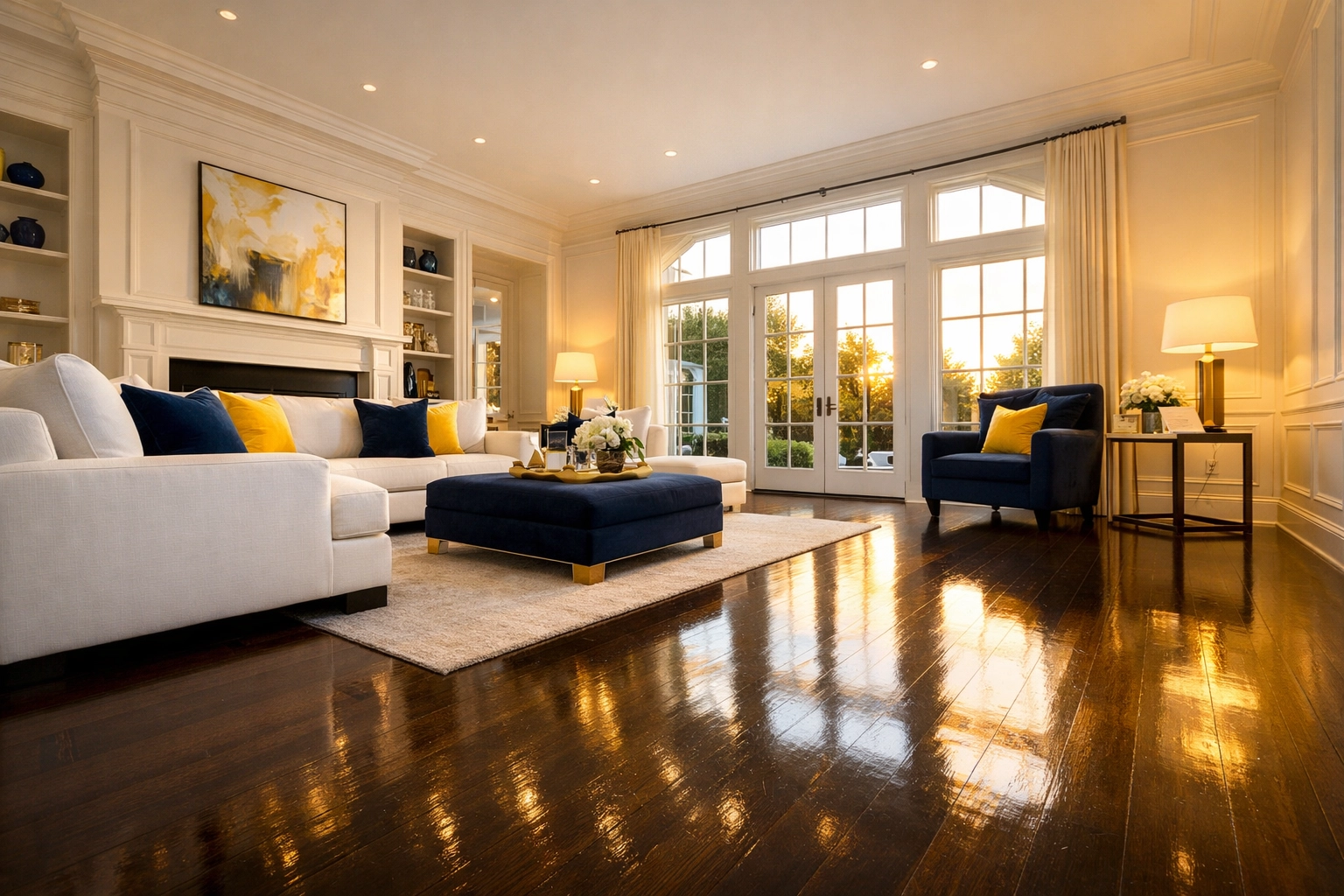 Sunlit luxury living room in Wellesley MA showing professional weekly house cleaning results on hardwood floors.