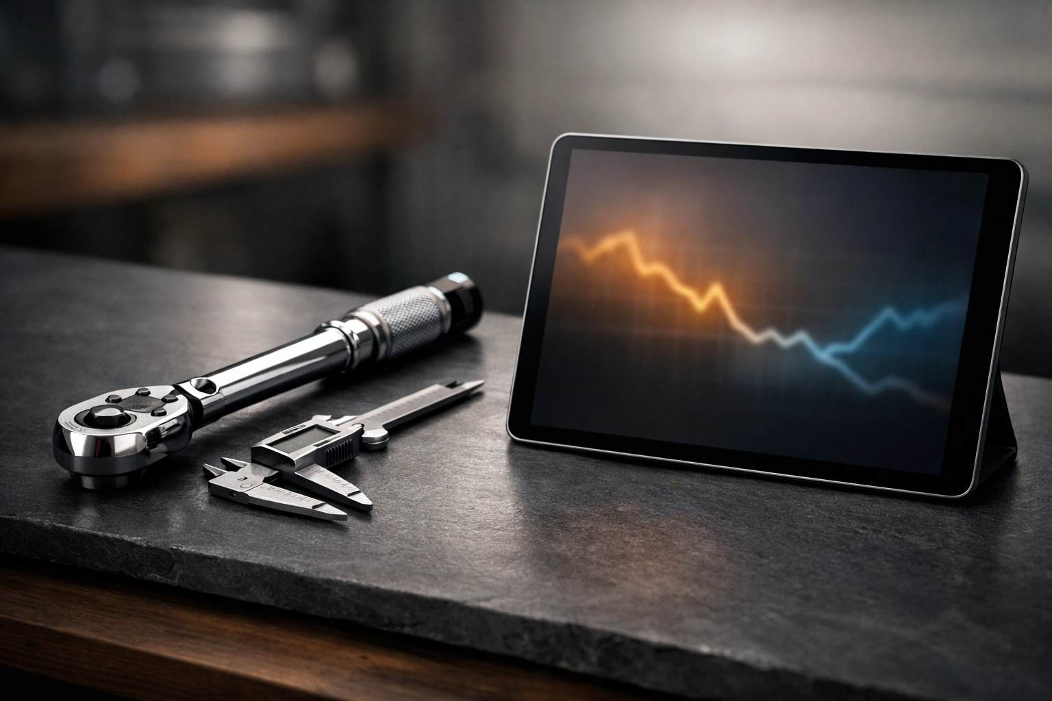 Mechanic's workbench with precision tools and a tablet showing auto shop bookkeeping software data.