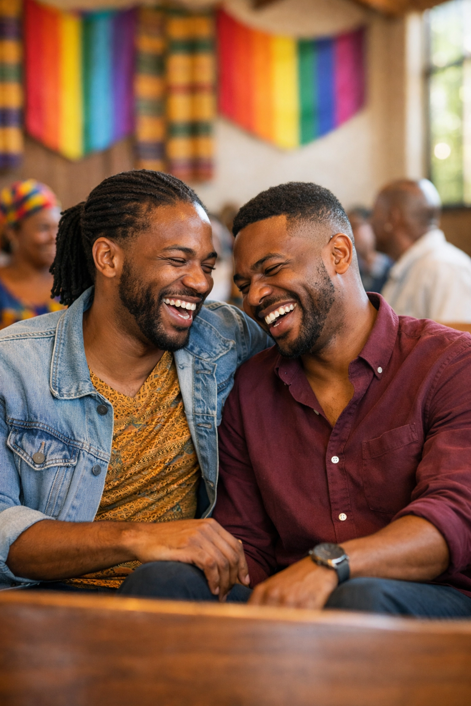Gay couple laughing together at inclusive Rainbow Church sanctuary celebrating queer faith and community