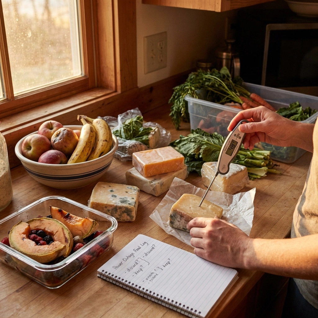 An image of a woman using a thermometer to check the temperature of a hard cheese that had been in the refrigerator. Other foods in various stages of thaw or decay sit around her as she checks them for safety. 