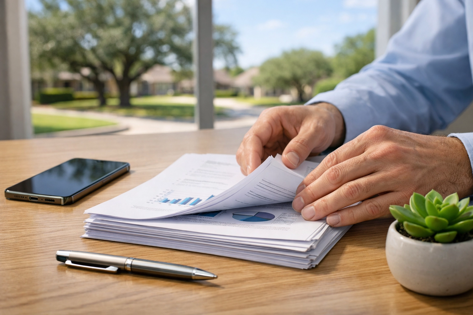 Organizing mortgage application documents on a desk with a view of a Texas neighborhood suburb.