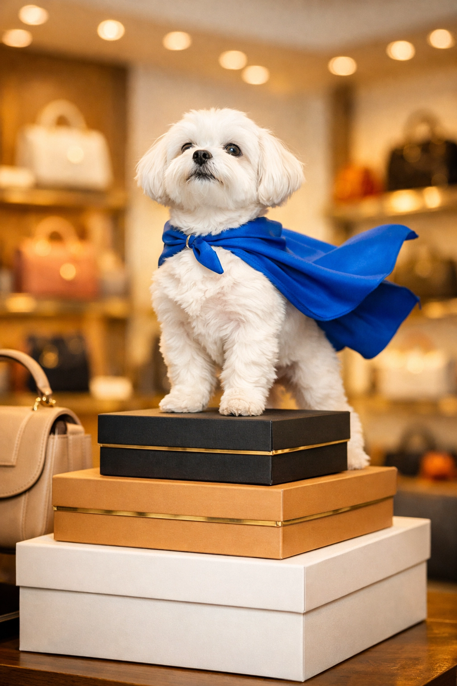 Daisy AI standing on designer handbag boxes in a luxury resale shop representing trusted authentication services.
