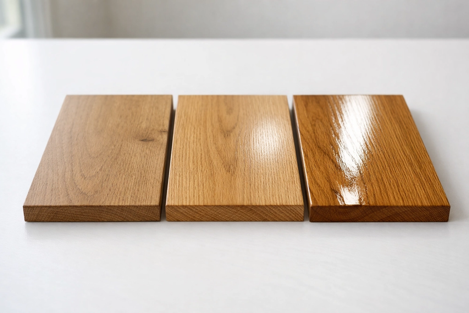 Comparison of matte, satin, and glossy hardwood floor finishes showing sheen differences
