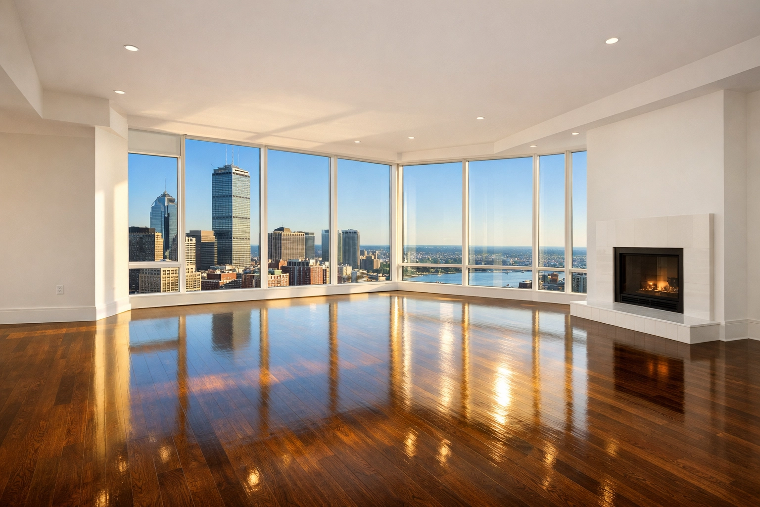 Immaculate hardwood floors in a Boston apartment following a professional move-out deep cleaning.