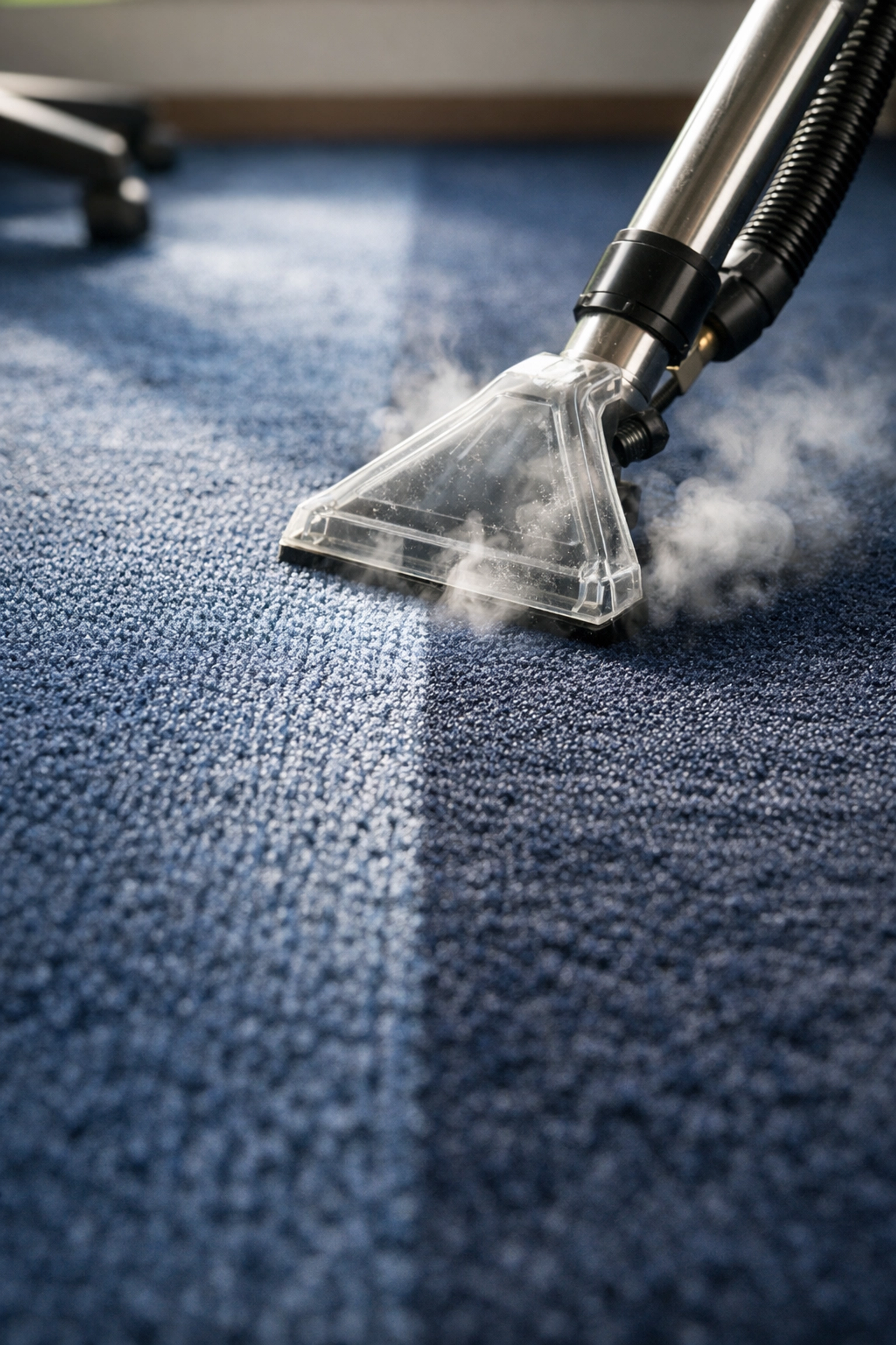 Professional deep steam carpet cleaning service restoring fibers in a commercial facility.