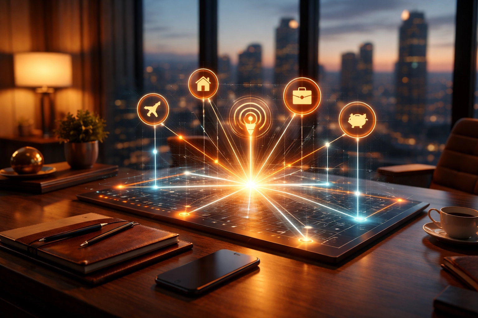 Investor's desk with holographic goals and timelines illustrating portfolio planning clarity