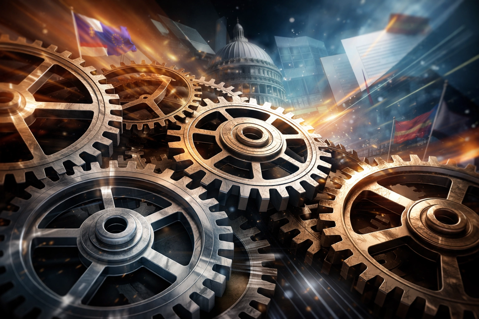 Interconnected gears shifting with abstract political symbols, illustrating business adaptation to changing political environments.