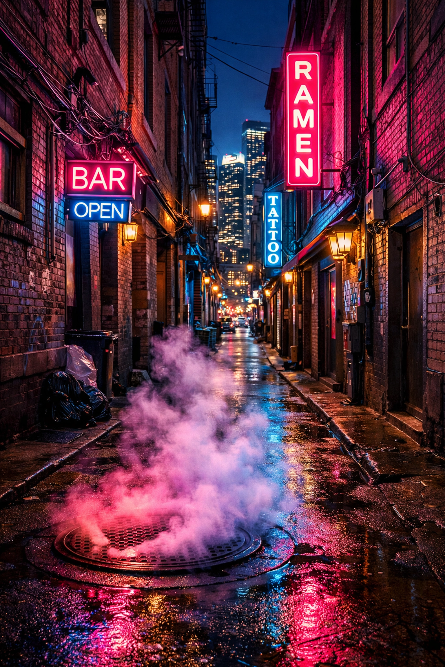 A neon-lit city alley at night using HDR techniques to enhance street photography ideas.