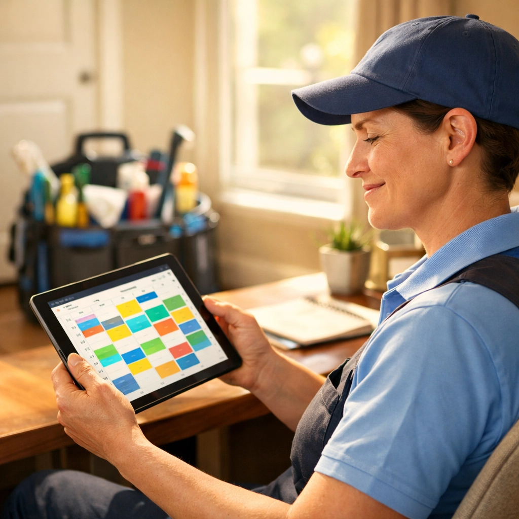Cleaning business owner using a tablet to manage work and learn how to grow a cleaning business with a pro network.