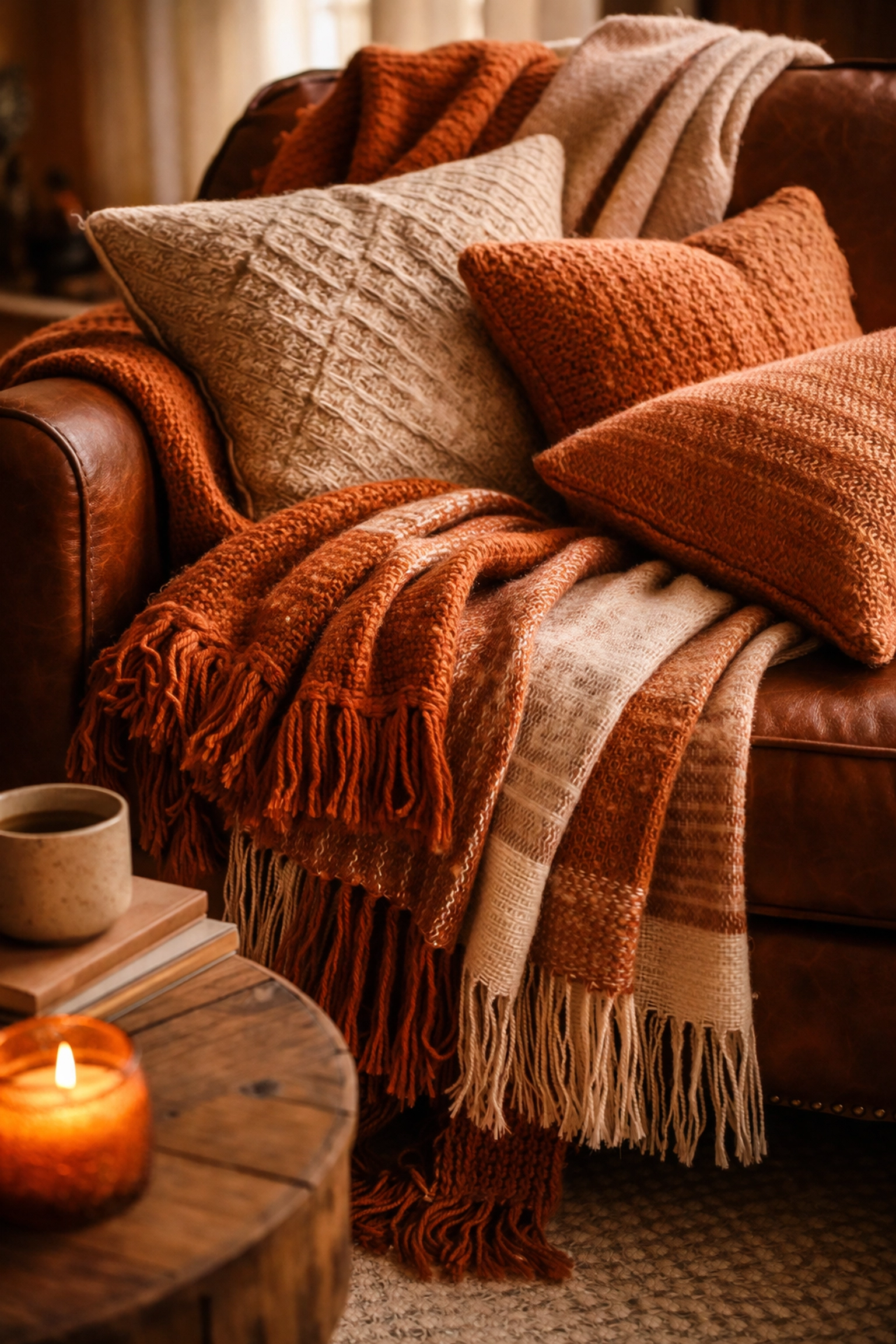 Handwoven throw blankets and pillows in terracotta and cream hues creating a cozy artisan-inspired space