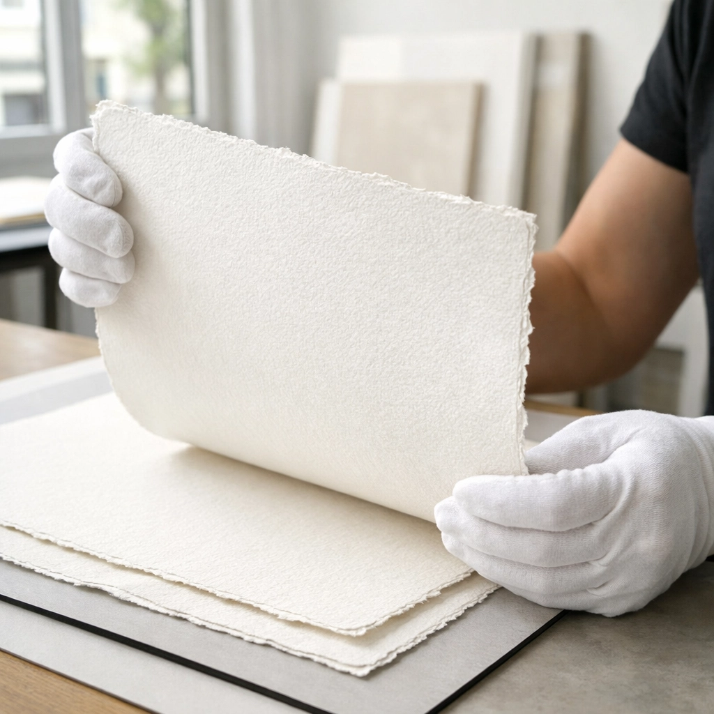 White-gloved hands inspecting a high-quality archival cotton rag sheet for museum quality prints.