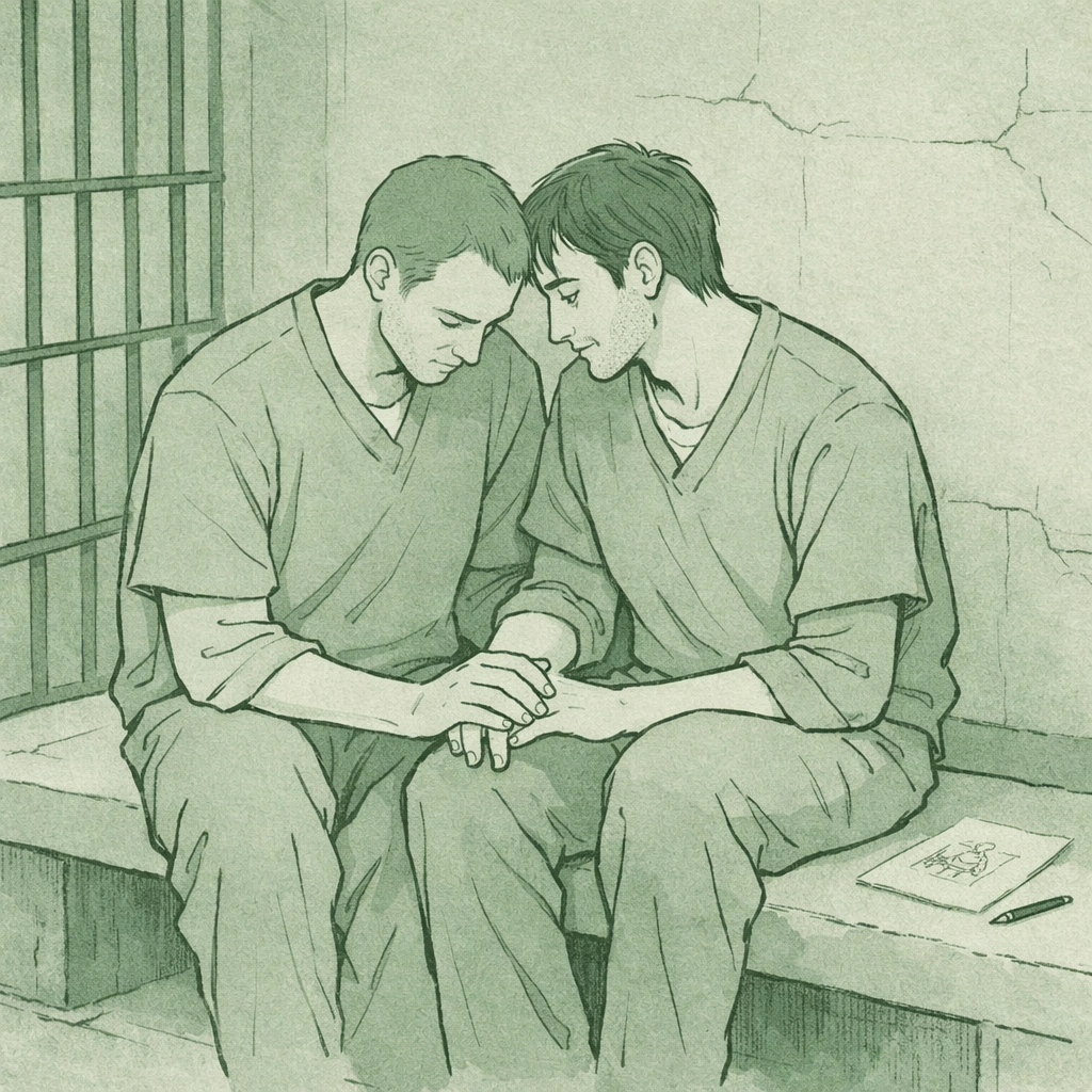 Intimate moment between two men showing vulnerability in gay prison romance fiction