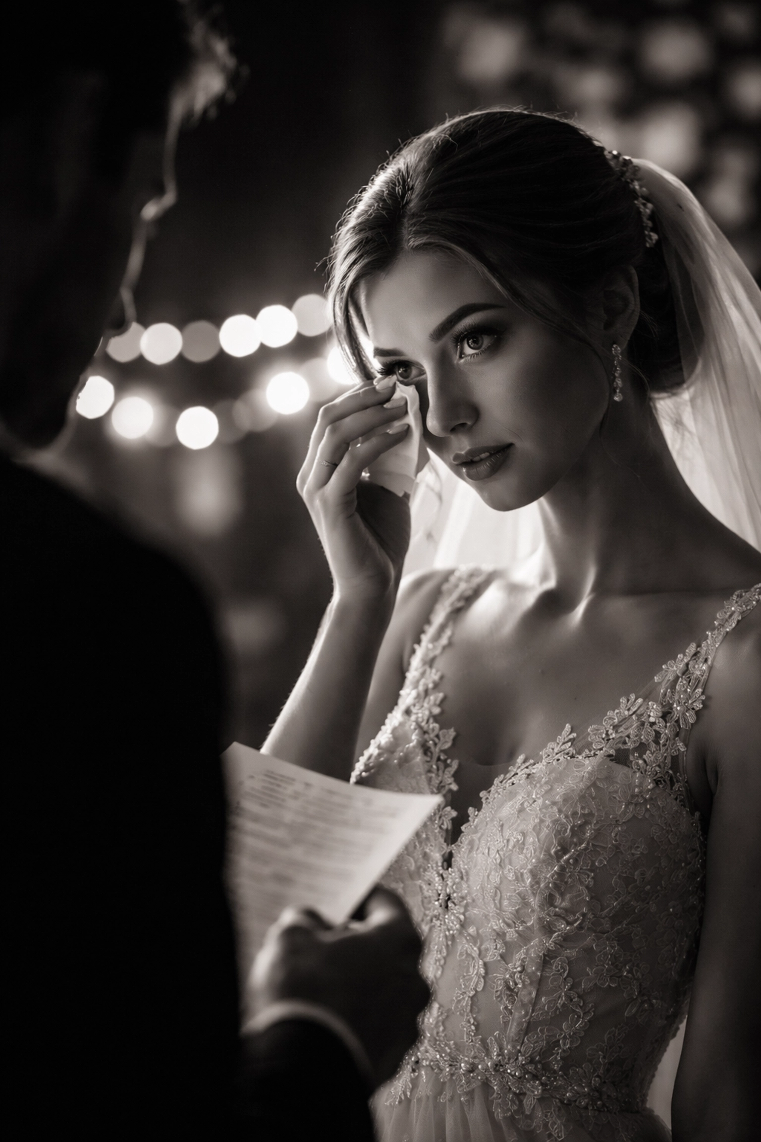 Bride wiping tears during wedding vows, highlighting emotional moments best captured by videography for weddings.