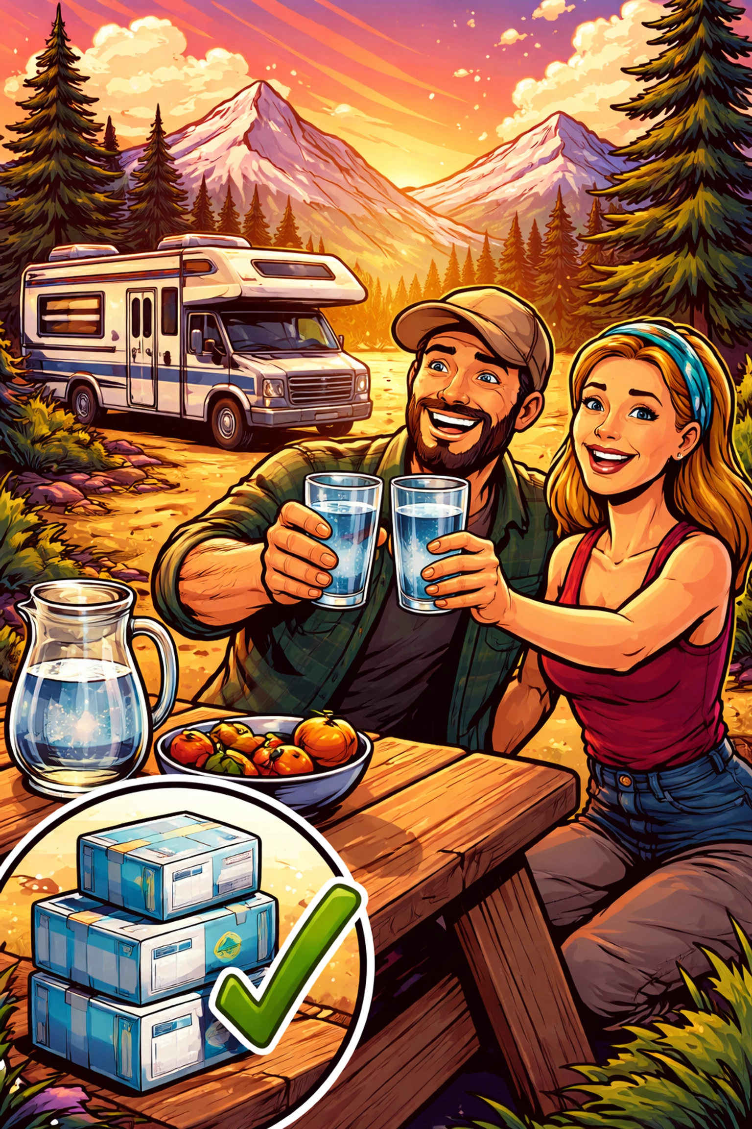 Joyful RV couple enjoying clear water at a campsite, with water filter cartridge boxes showcasing subscription preparedness.