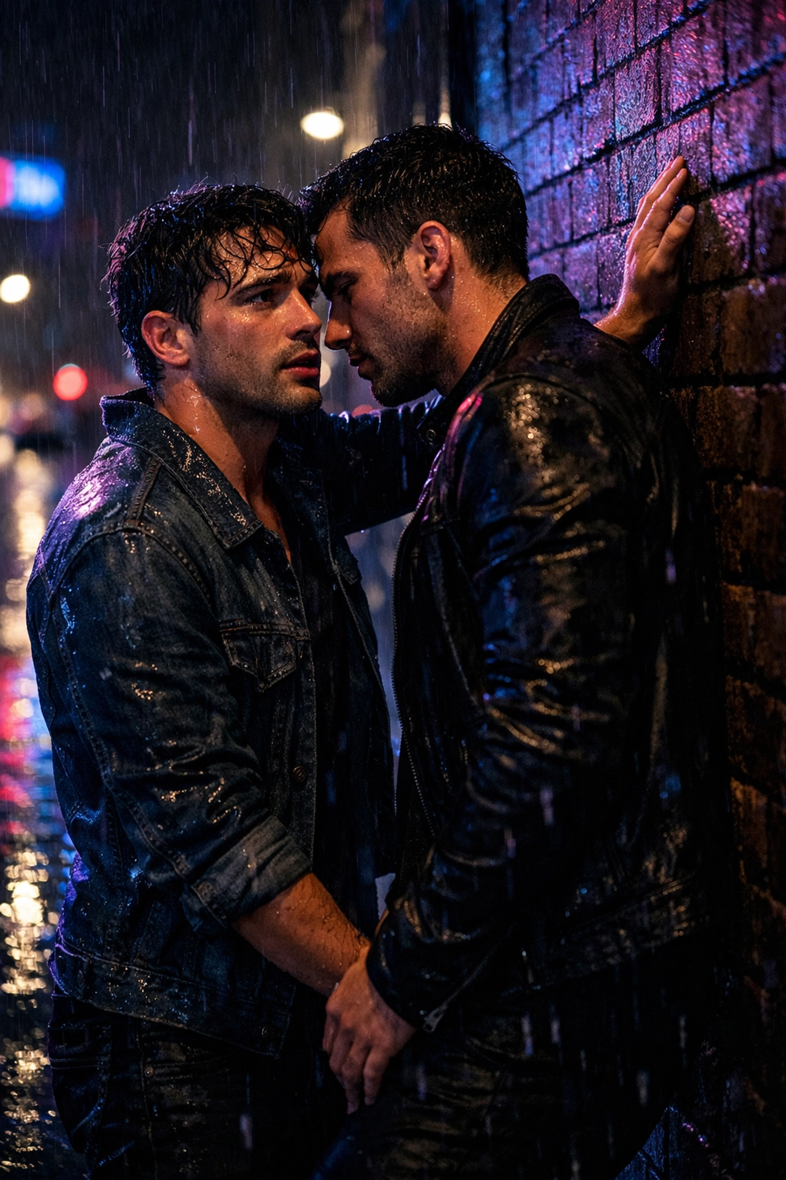 An intense, rain-slicked moment between two men on a city street, illustrating the slow burn in gay romance.