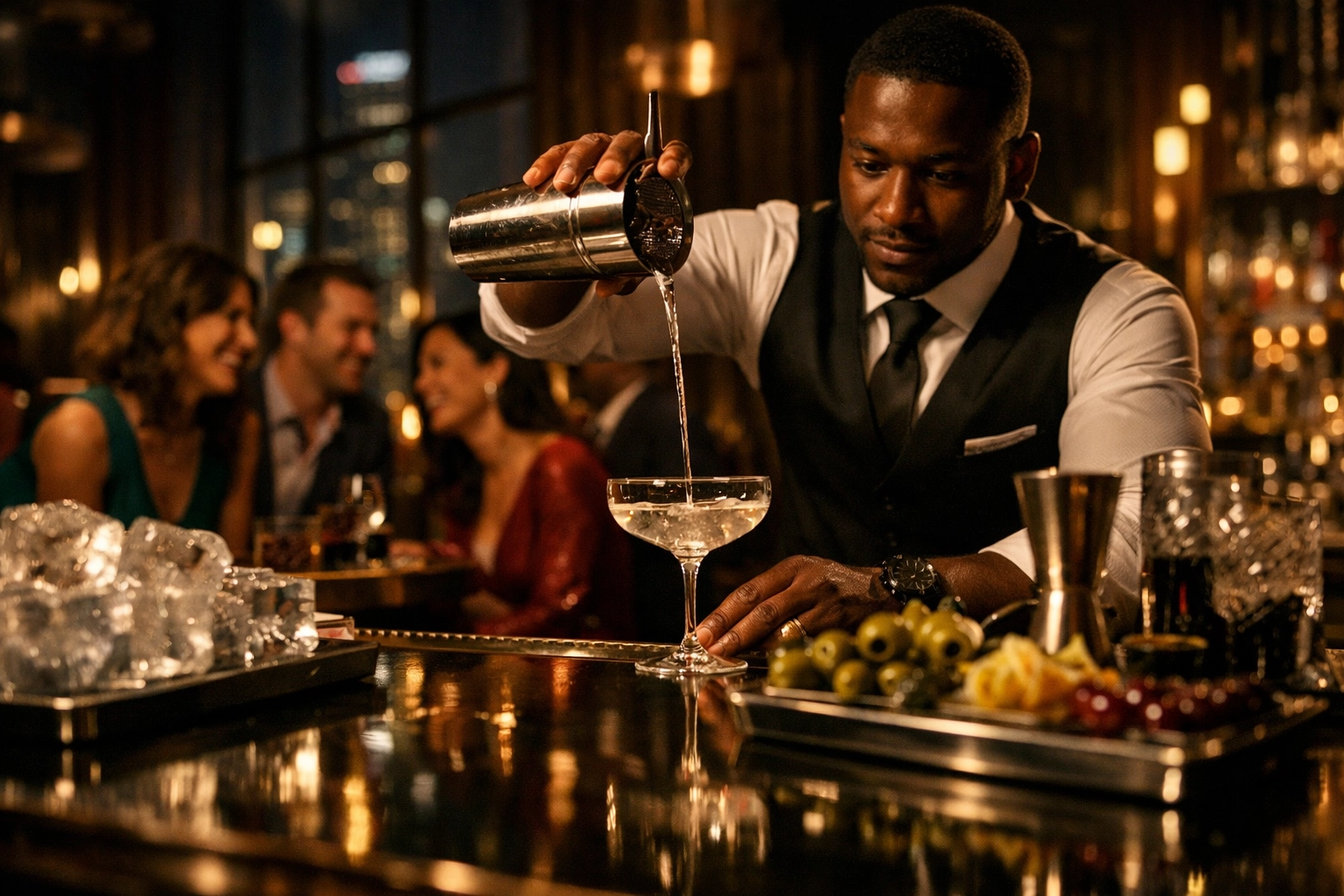 Professional luxury bartender mid-pour at a high-end Chicago event bar with stylish guests.