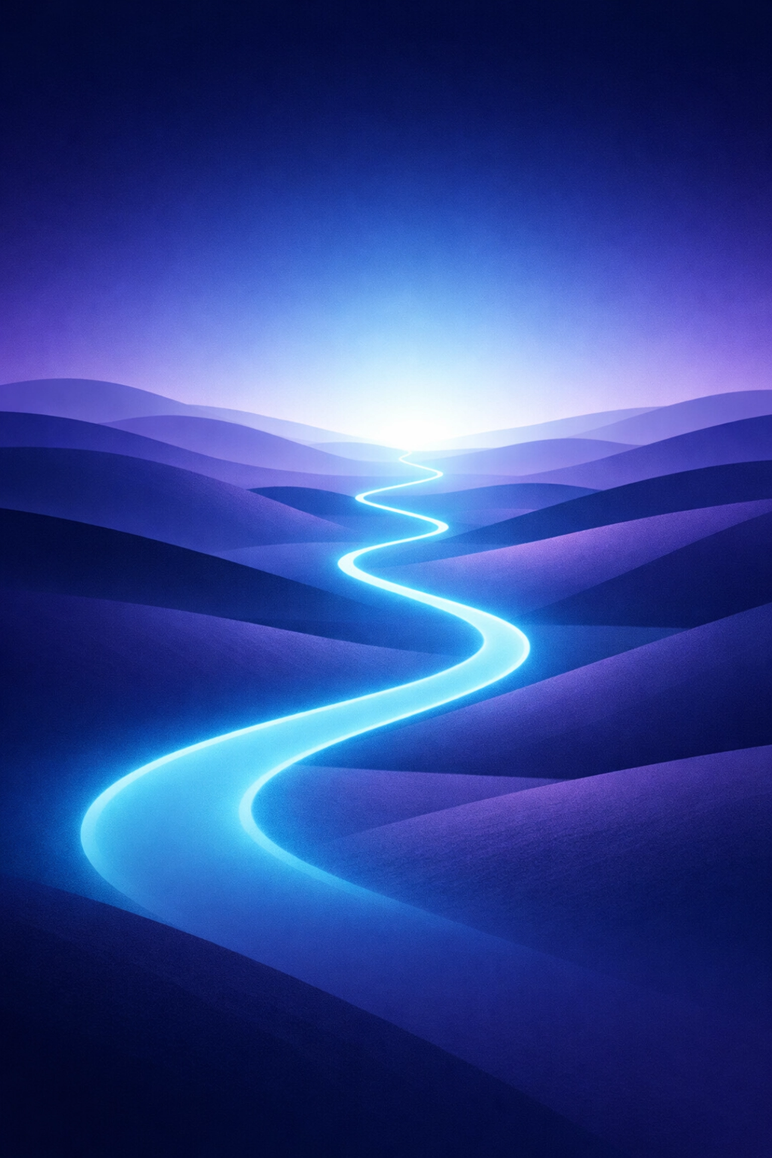 A glowing path through an abstract purple landscape symbolizing the journey out of the desert of burnout.