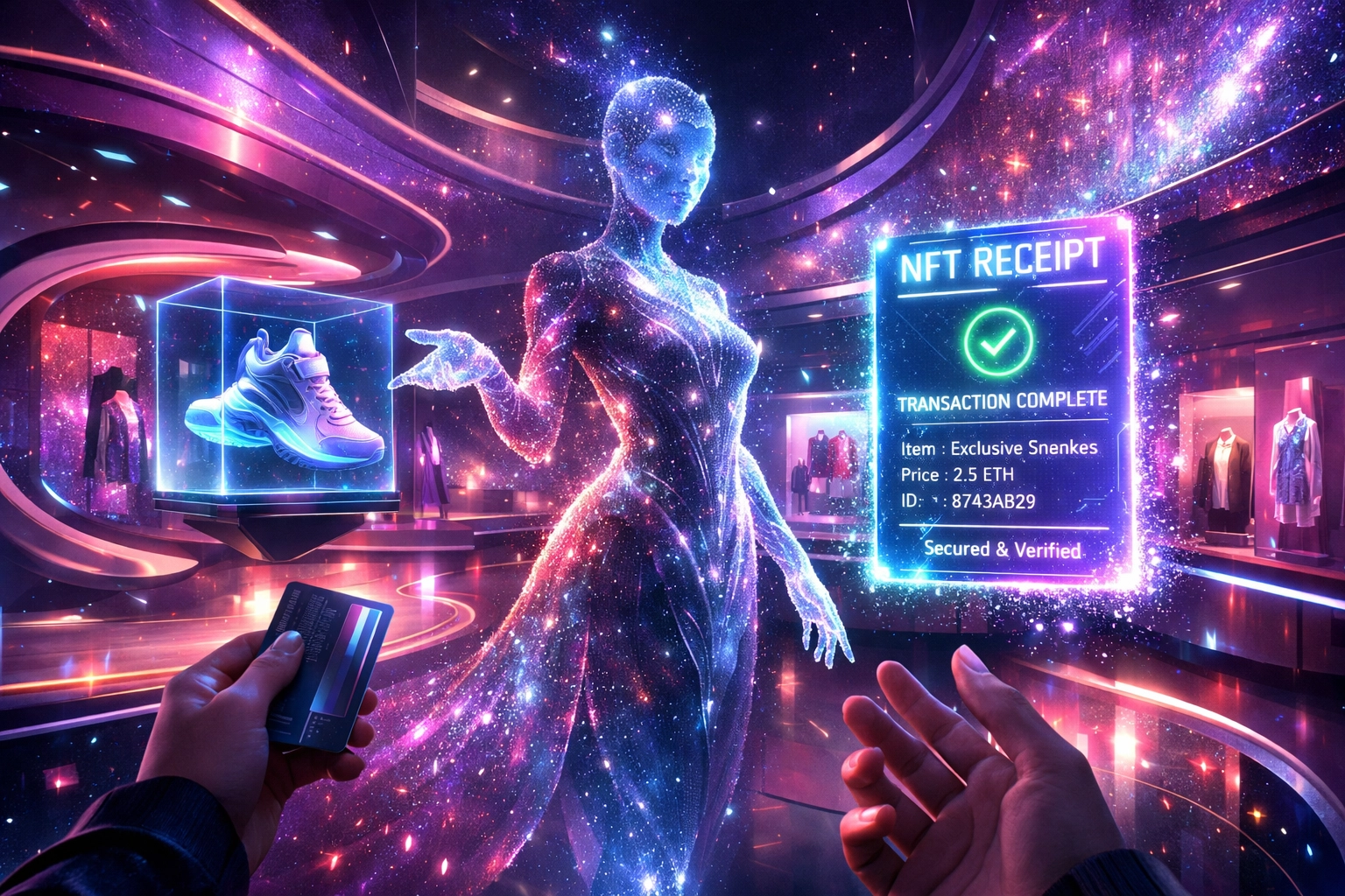Metaverse shopping with an AI assistant and a secure NFT receipt for automated inventory and accounting.