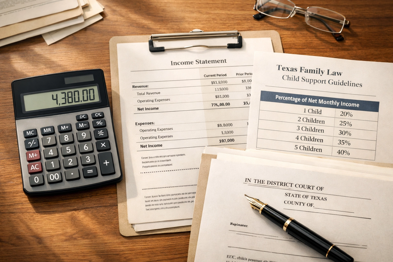 Calculator and financial documents for Texas child support modification calculations