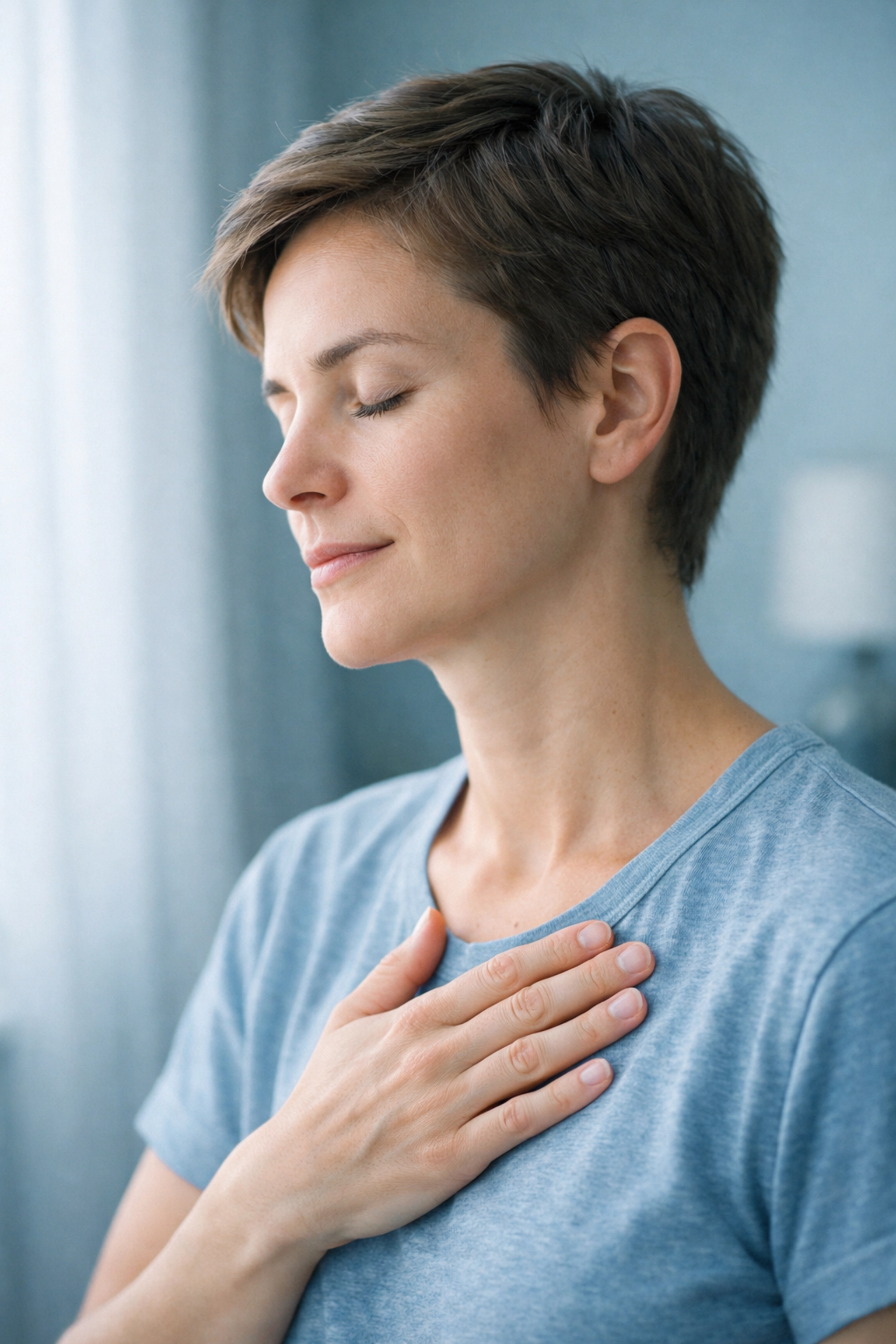 Person practicing somatic heart-rate regulation to create biological safety and nervous system stability.