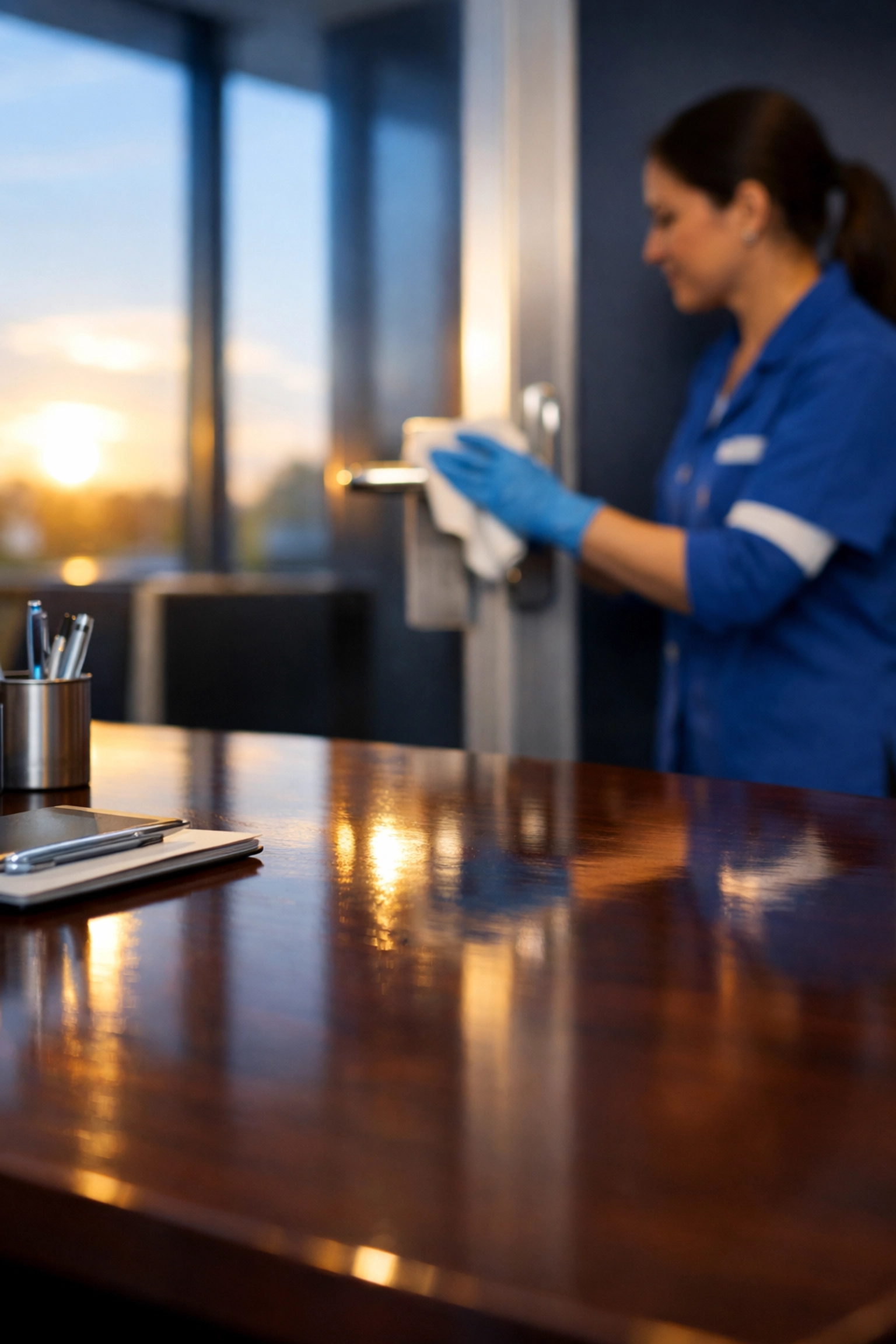 Professional commercial cleaning in Boxborough sanitizing office door handles for a germ-free workspace.