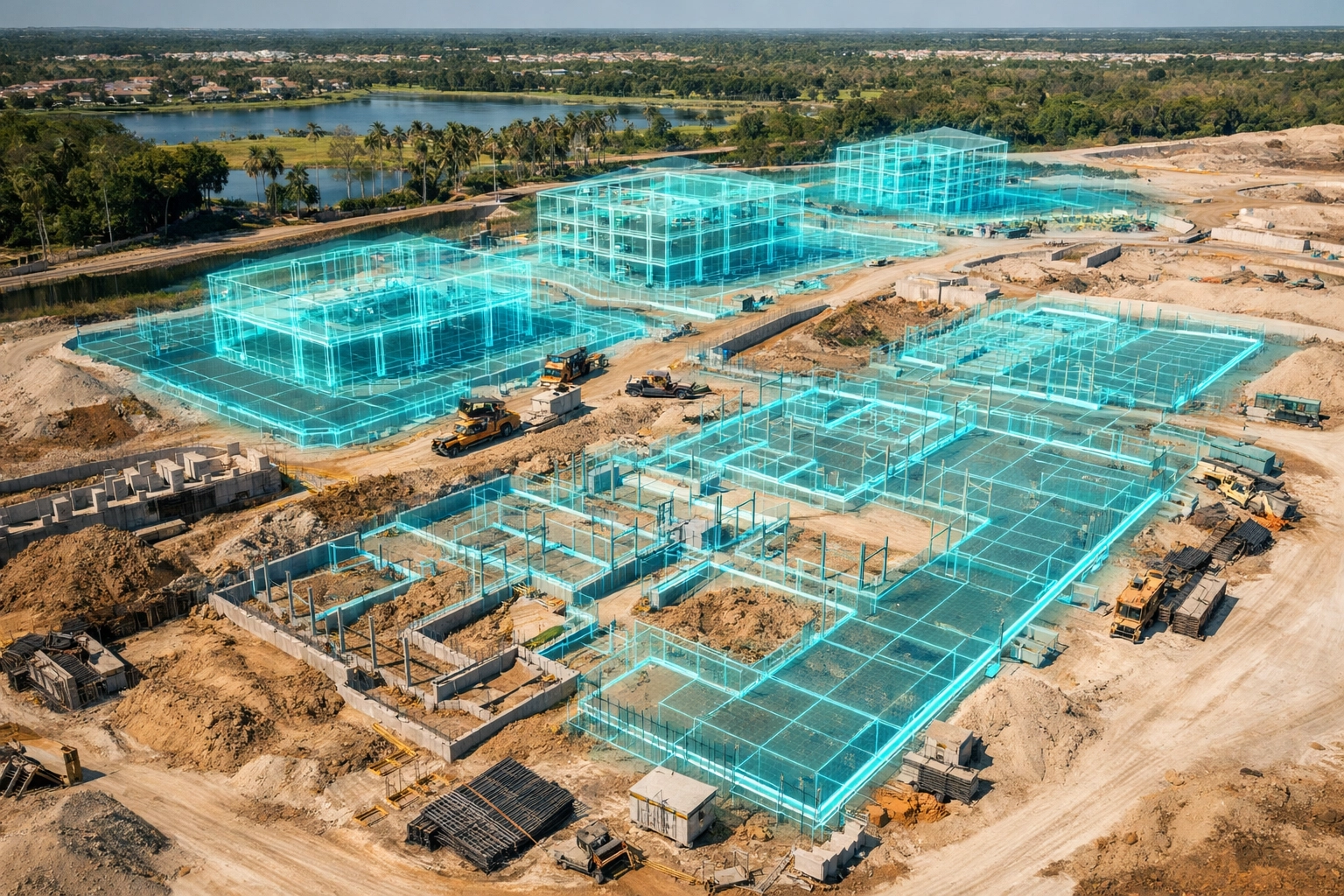 3D drone model overlay on a Florida construction site identifying site planning efficiency gaps.