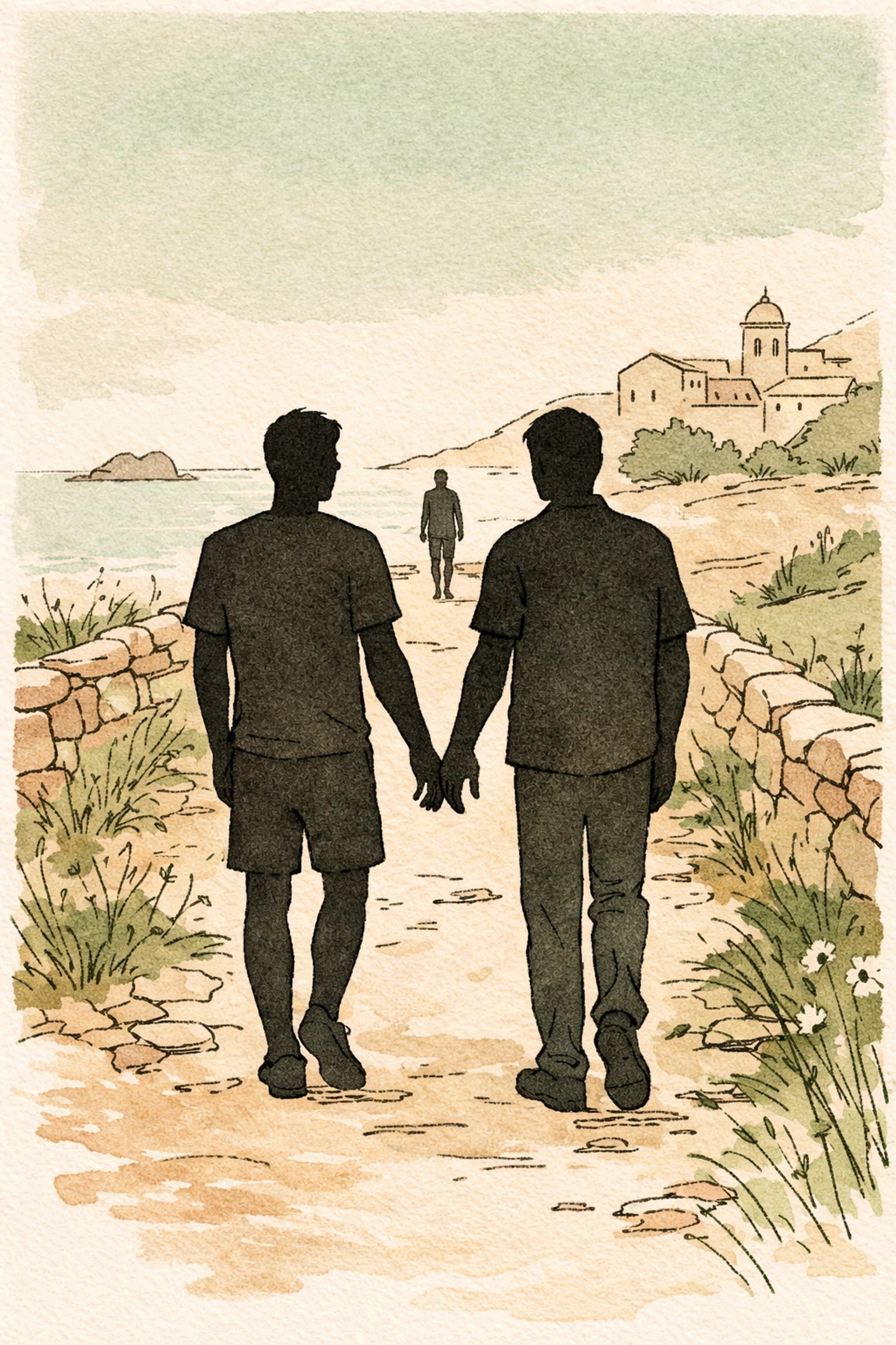 Male couple walking Sicily's coast as third person watches - jealousy in MM romance