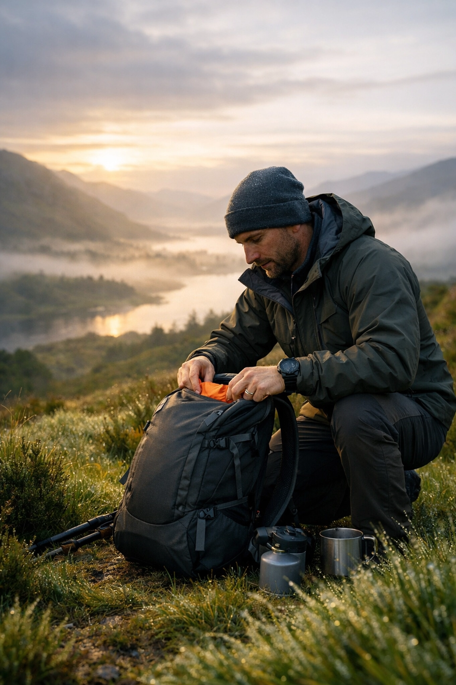 Hiker packing gear at sunrise in the Scottish Highlands to follow wild camping safety rules.
