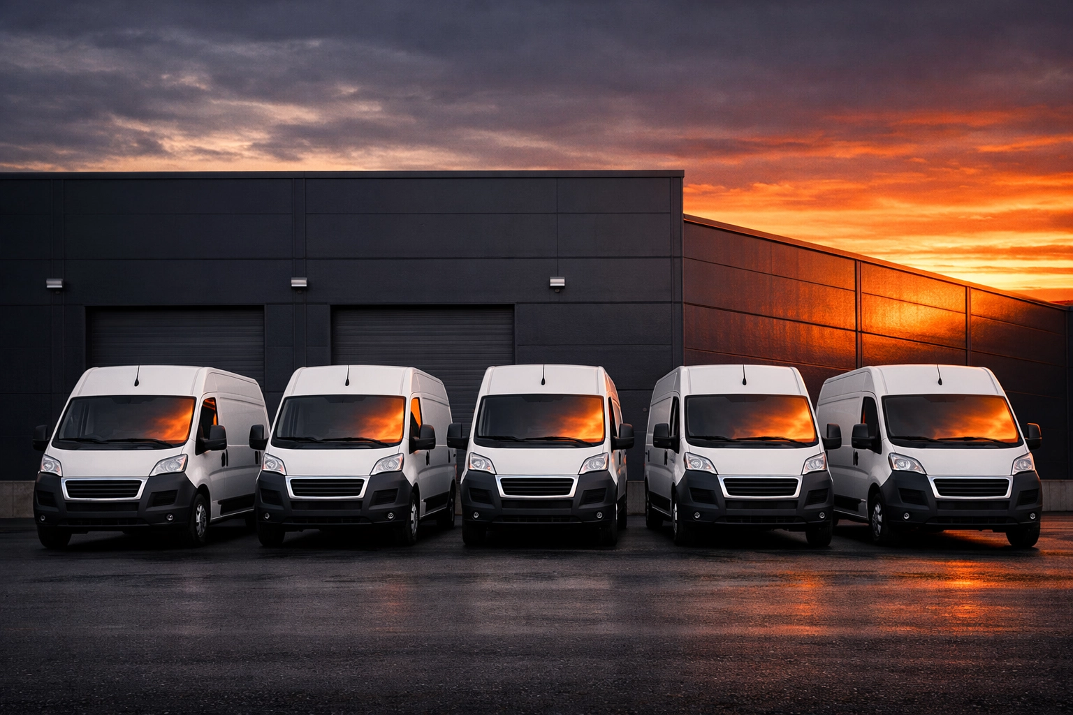 White HVAC service vans lined up at an industrial distribution center during sunrise.