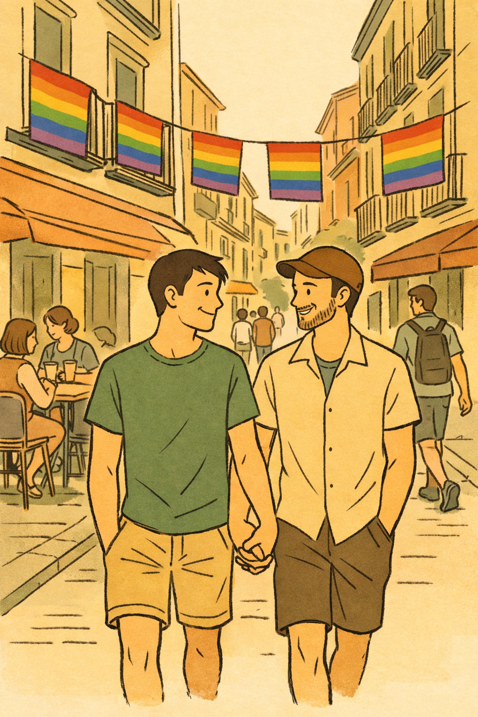 Gay couple holding hands in Madrid's Chueca neighborhood with rainbow flags