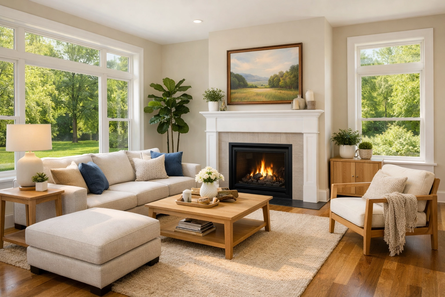 Sunlit modern living room in Winston-Salem featuring hardwood floors and a central fireplace.