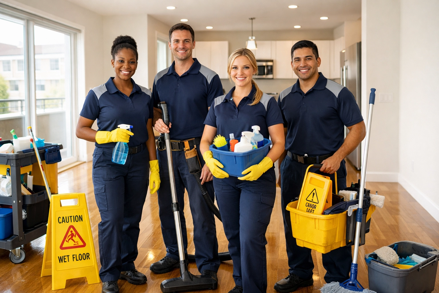 Professional cleaning team in completed apartment unit ready for new tenant move-in