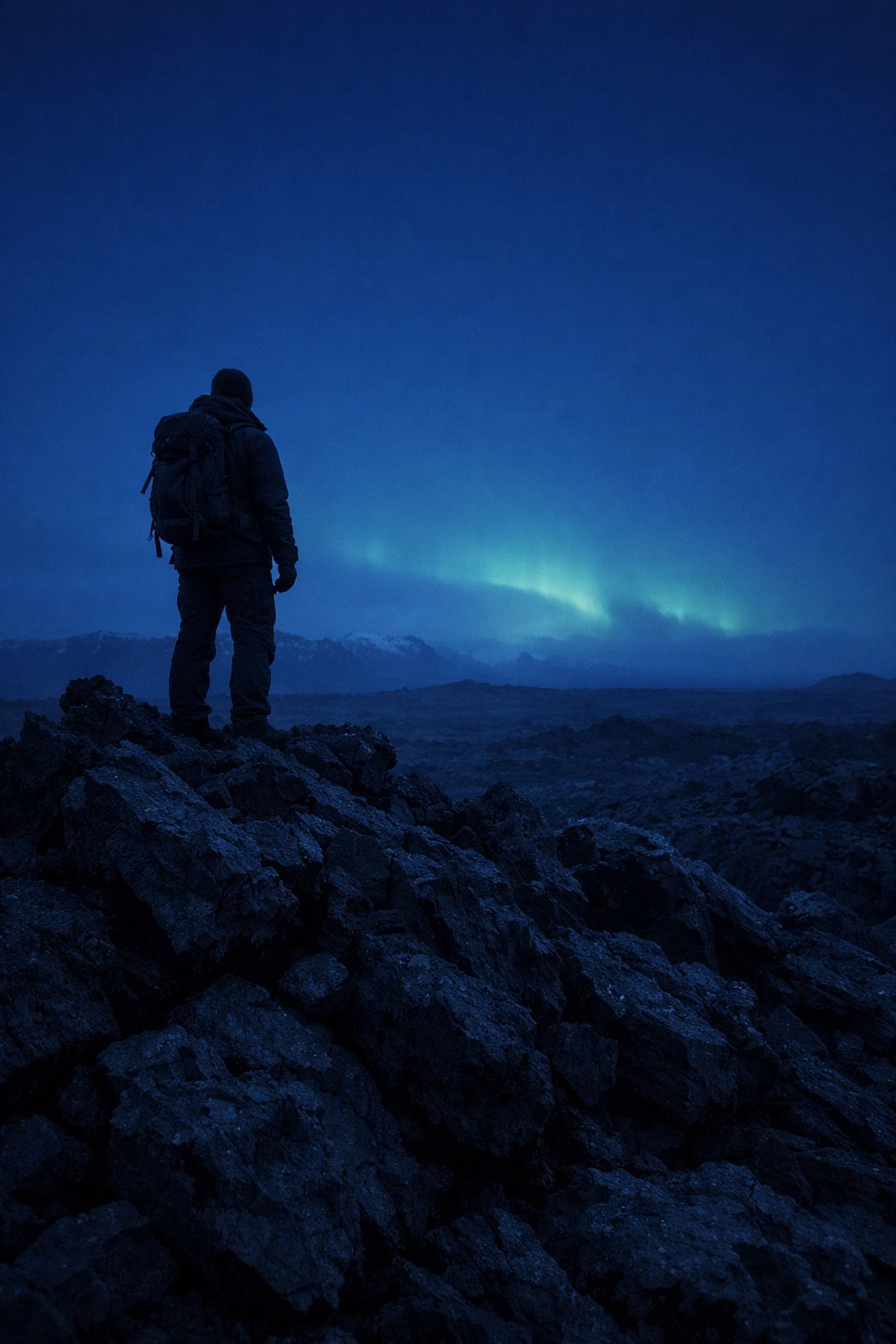 A solitary traveler on dark volcanic rocks in Iceland, illustrating personalized travel journeys.
