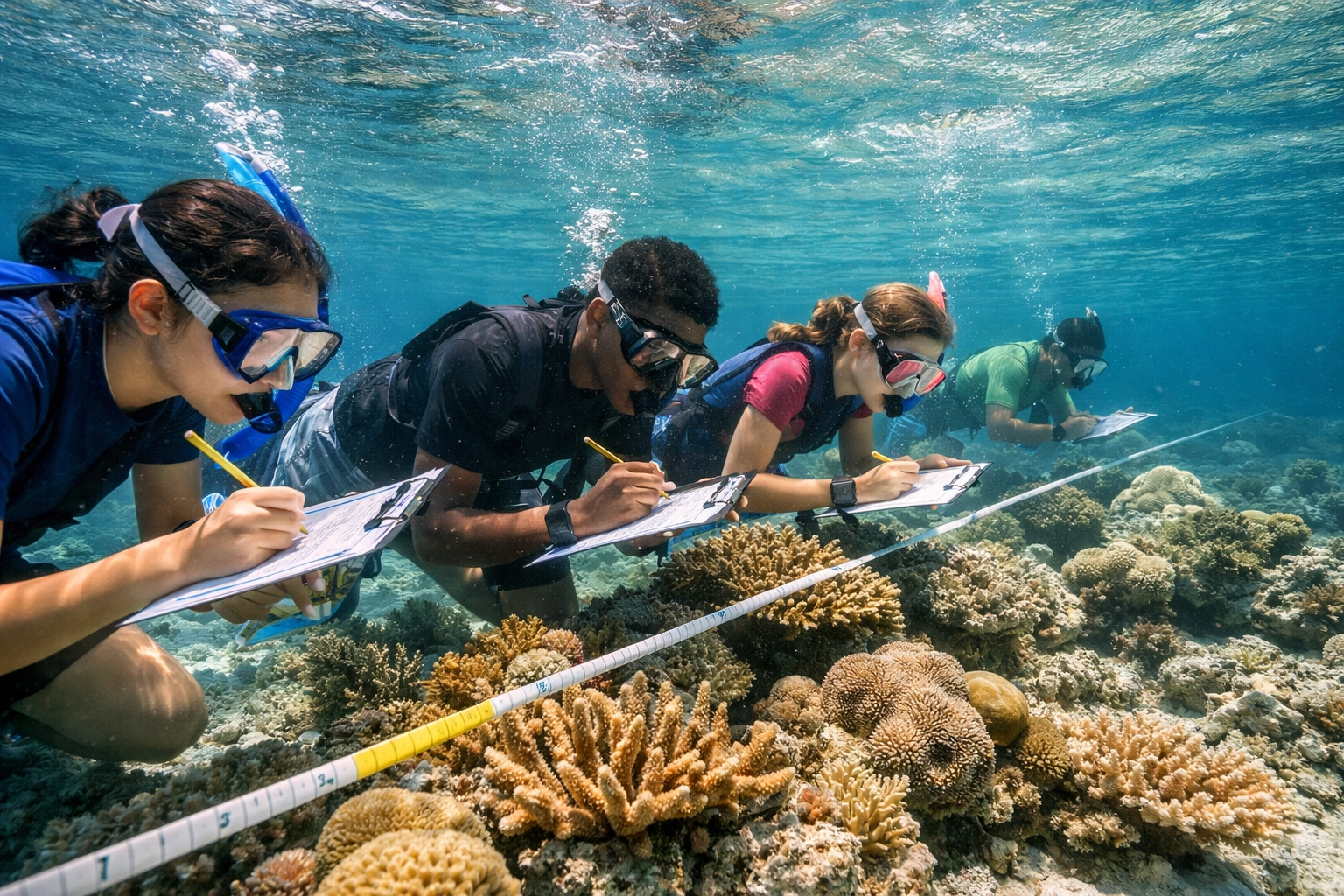 High school students conducting coral reef survey on educational trip to Belize