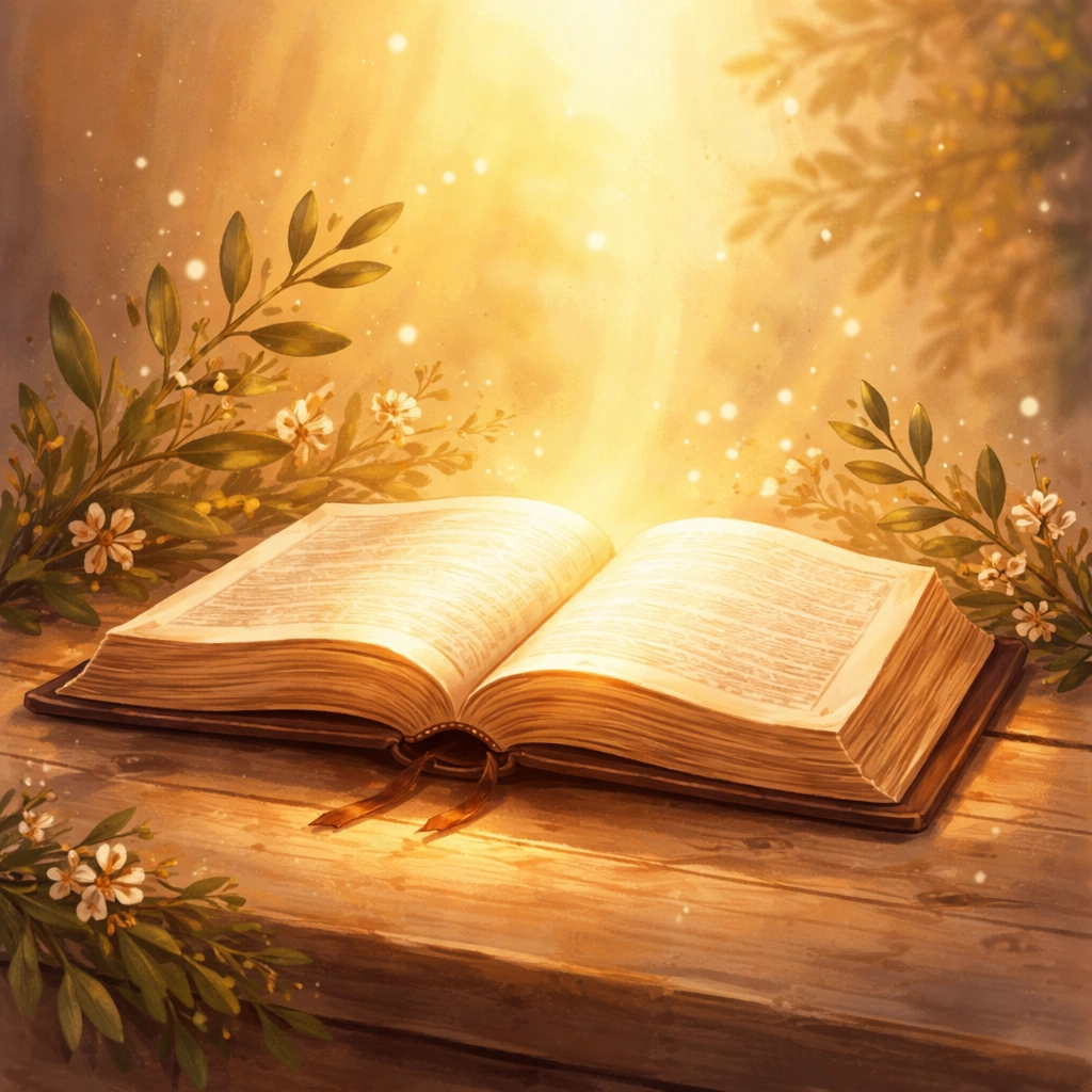 An open Bible shines with golden light on a table, representing faith in God's healing through scripture.