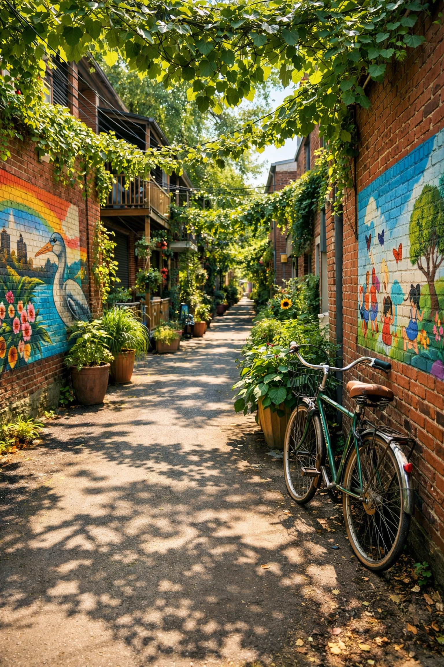 A sunlit green alley with murals and plants in the Hochelaga neighborhood of Montreal.