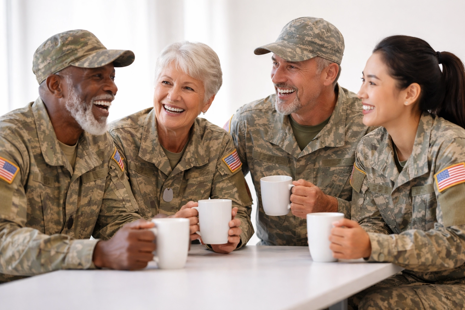 Diverse group of veterans sharing coffee and conversation, highlighting daily camaraderie at American Legion Posts.