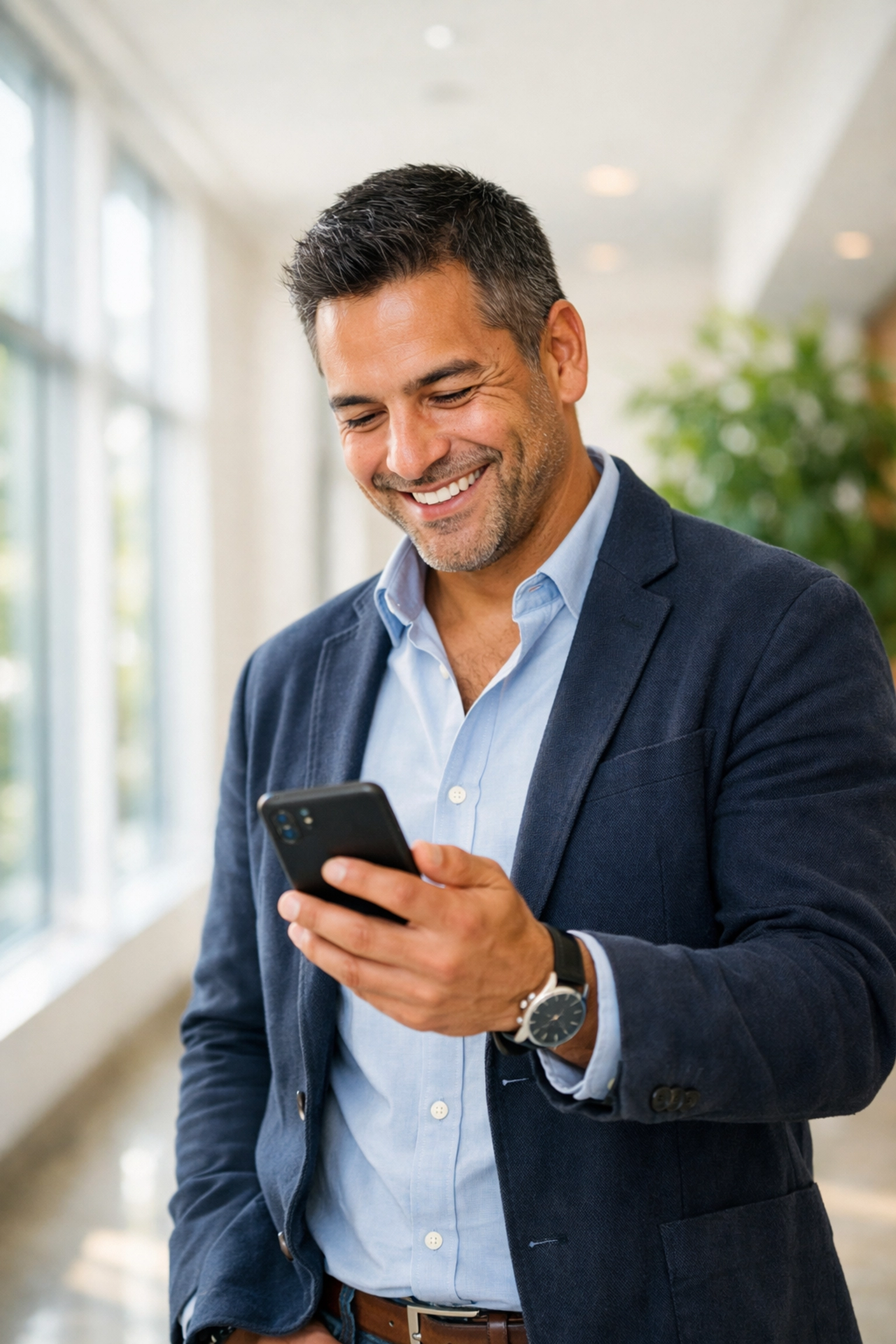 A man feeling confident while checking his personalized weight loss progress on his smartphone.