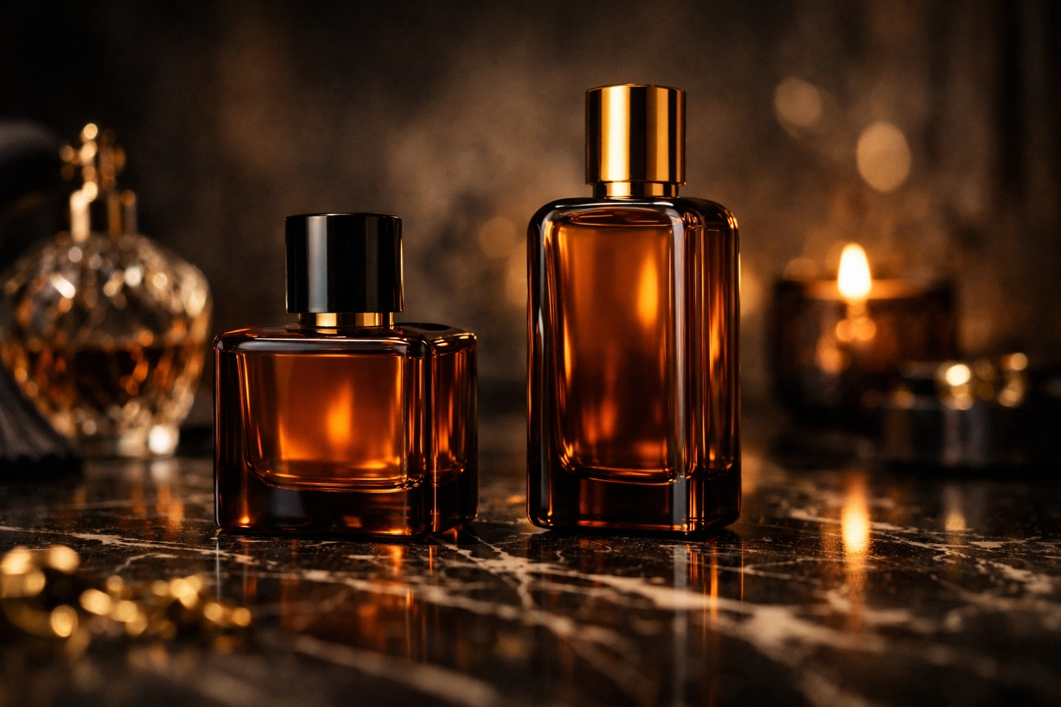 Elegant luxury perfume bottles on dark marble vanity in warm moody editorial lighting