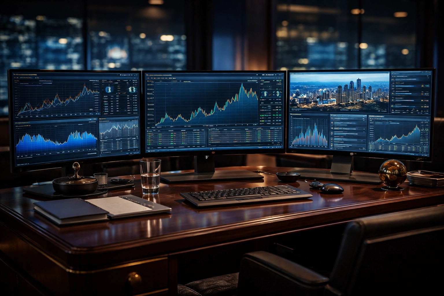 Professional trading office environment with monitors displaying market and crypto data, showcasing institutional portfolio management tools