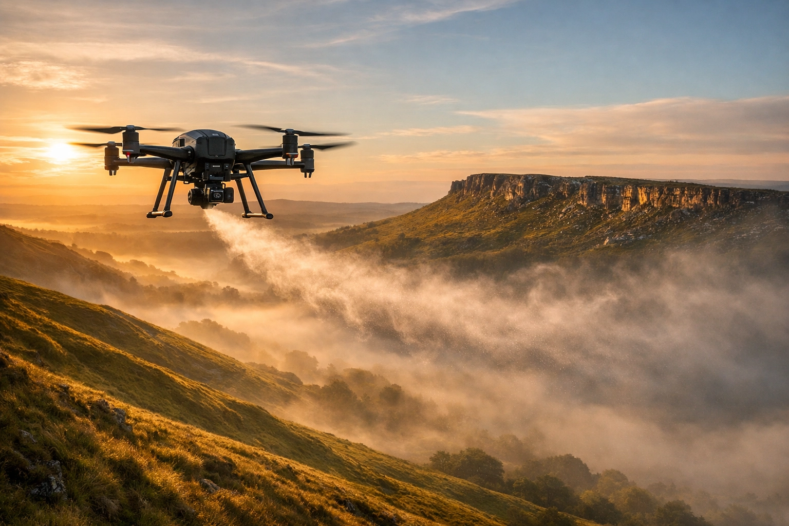 A professional drone performing a cremation ashes scattering service over the Peak District hills at sunrise.
