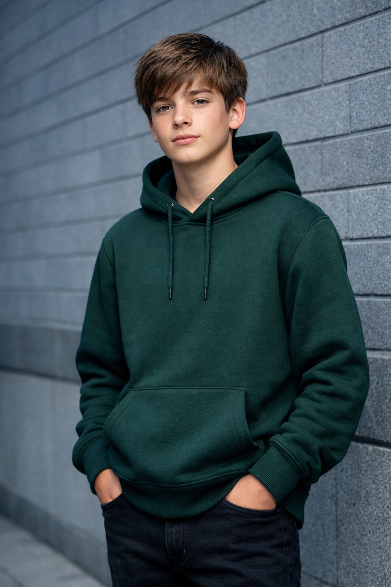 Confident teenager wearing a discreet sensory-friendly weighted hoodie in a modern urban style.