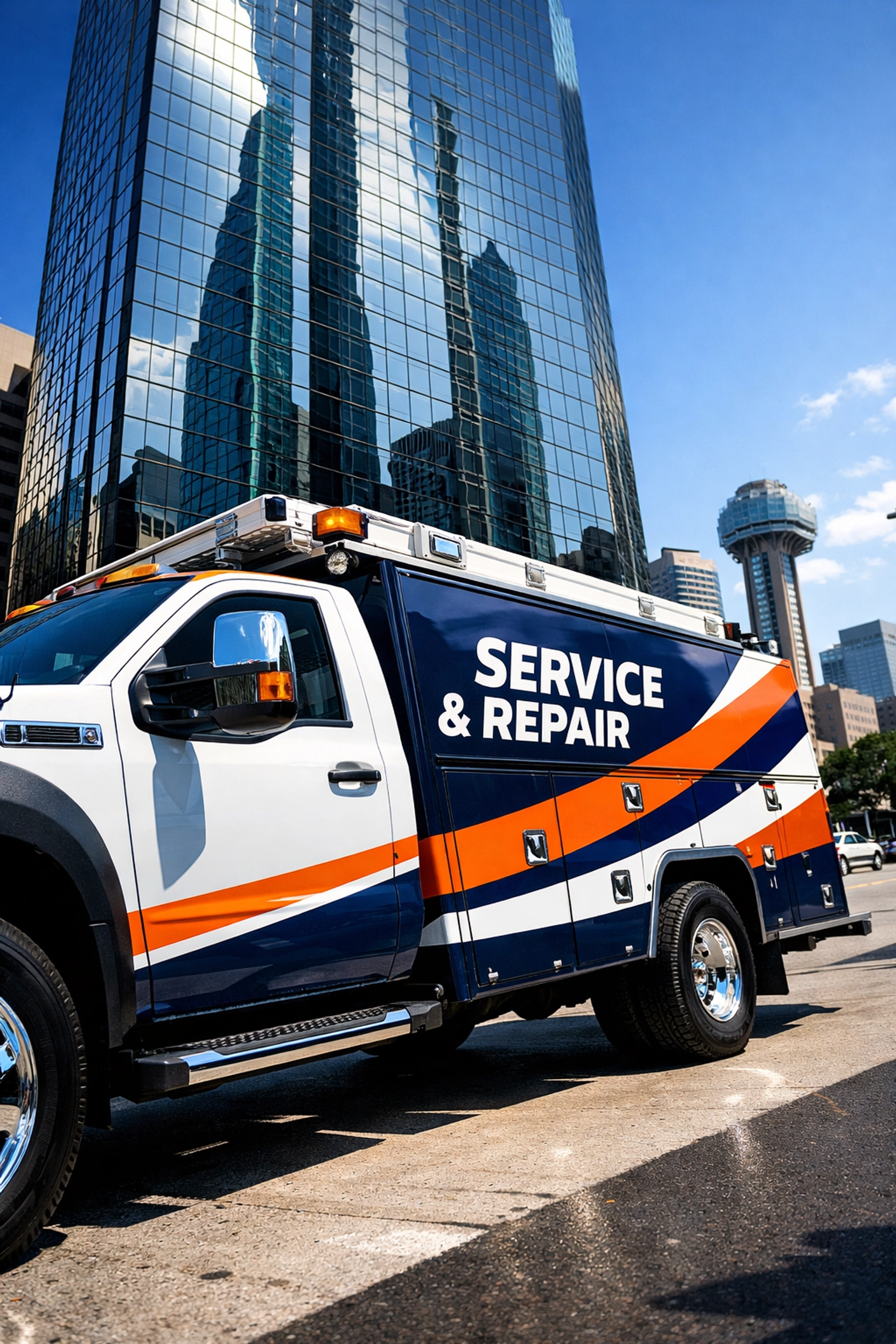 Custom partial vinyl wrap on a white service truck in Dallas, showcasing professional business branding.