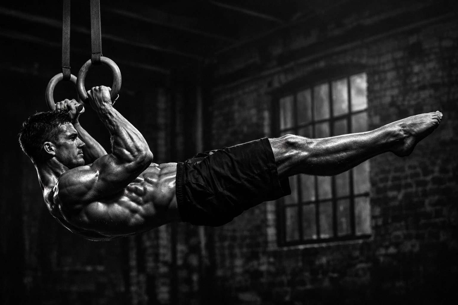 Muscular athlete performing a front lever on rings for advanced bodyweight training at home.