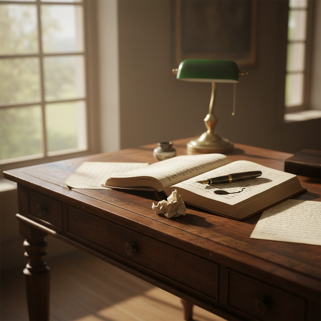 Vintage wooden writing desk with an open journal, fountain pen, crumpled paper, and soft morning light streaming through a window, representing the process of starting a memoir.