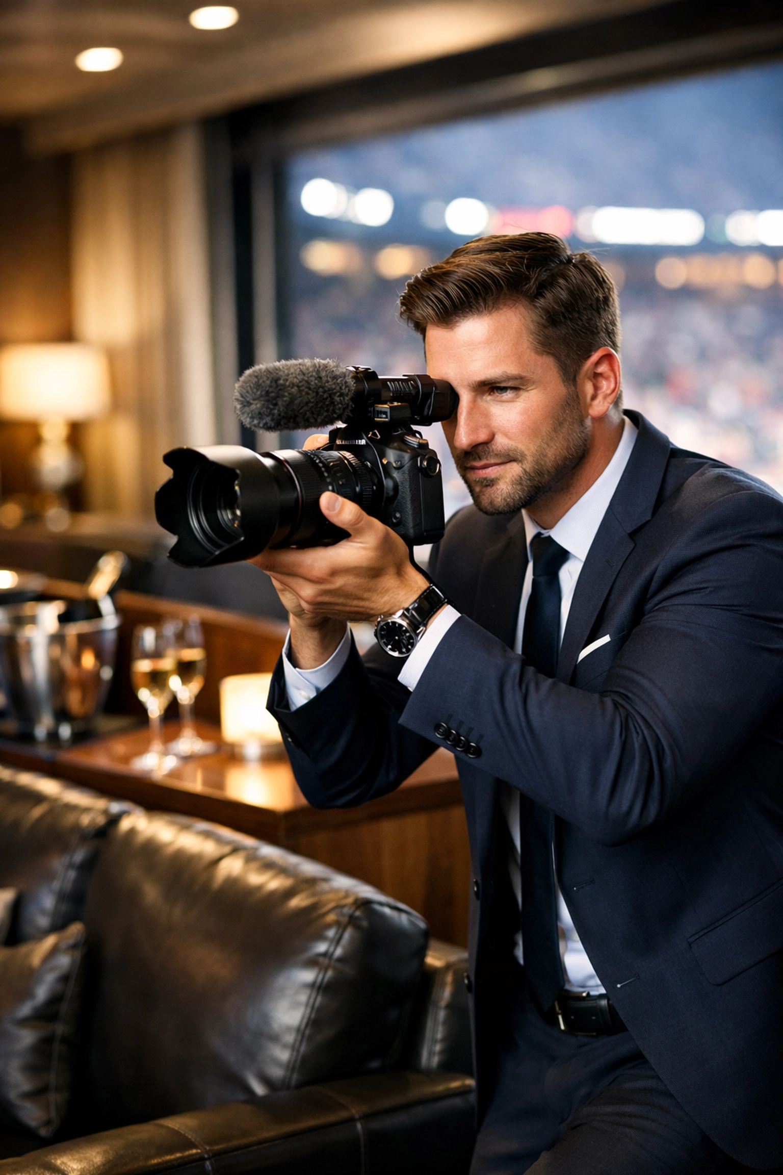Professional capturing Super Bowl corporate event content in premium stadium VIP suite
